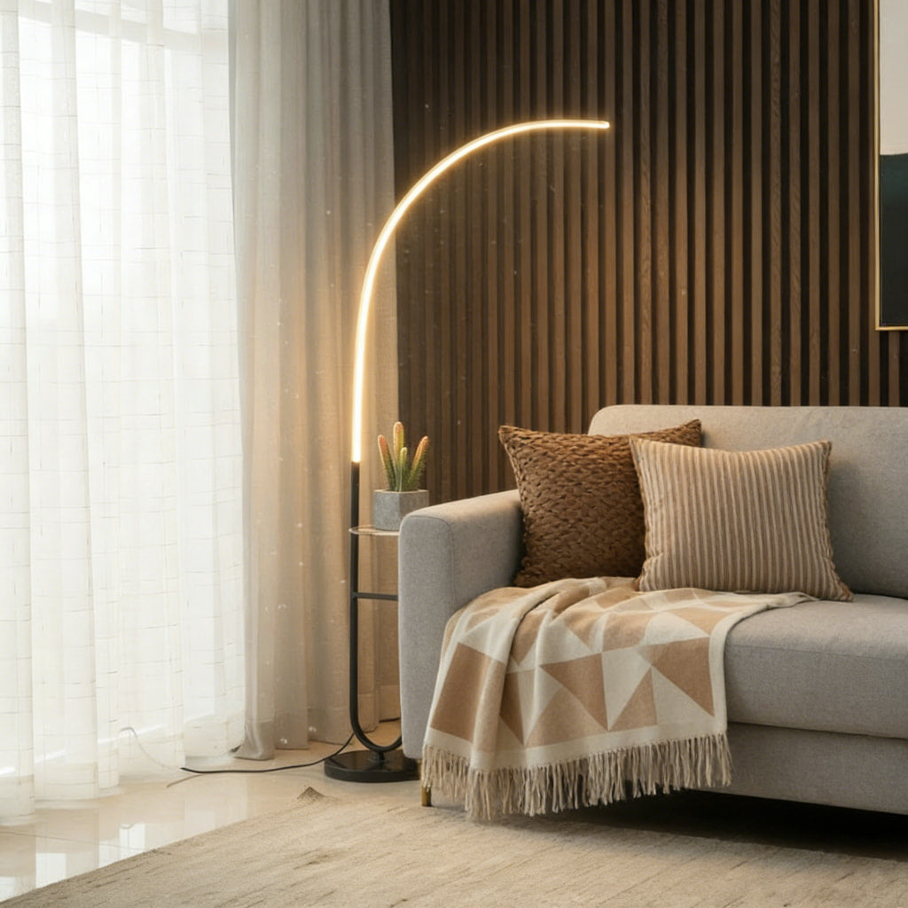 Scandinavian Arc Floor Lamp with Marble Vanity Tray